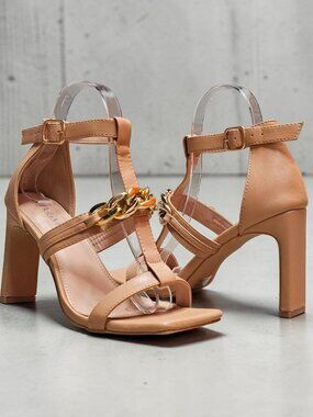 Gold Chain Accent Nude High Heel Sandals With Buckle Strap